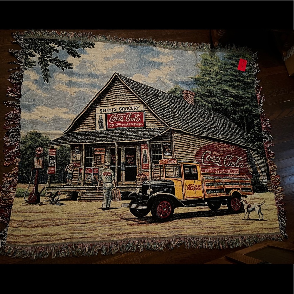 Coca Cola Knitted Tapestry Fringe Blanket With Pillow.  Pamela C. Renfroe.